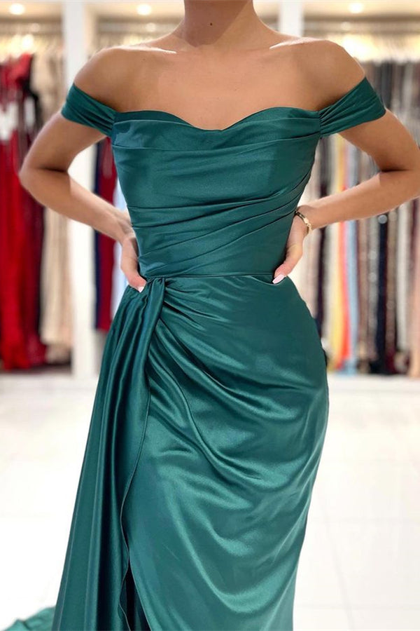 Showprettydess Dark Green Off-the-Shoulder Mermaid Prom Dress with Split & Ruffles-showprettydress