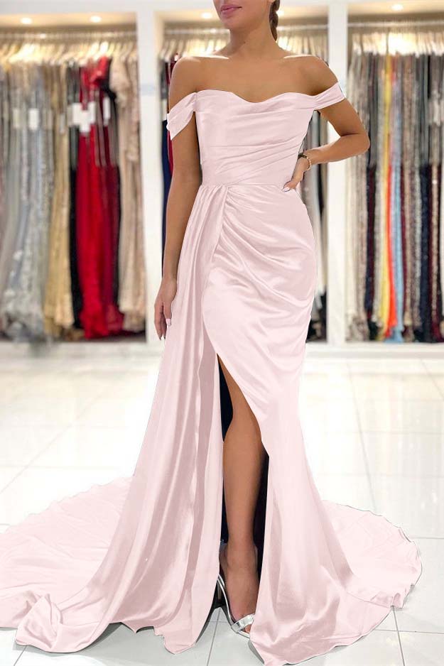 Showprettydess Dark Green Off-the-Shoulder Mermaid Prom Dress with Split & Ruffles-showprettydress