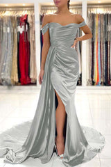 Showprettydess Dark Green Off-the-Shoulder Mermaid Prom Dress with Split & Ruffles-showprettydress