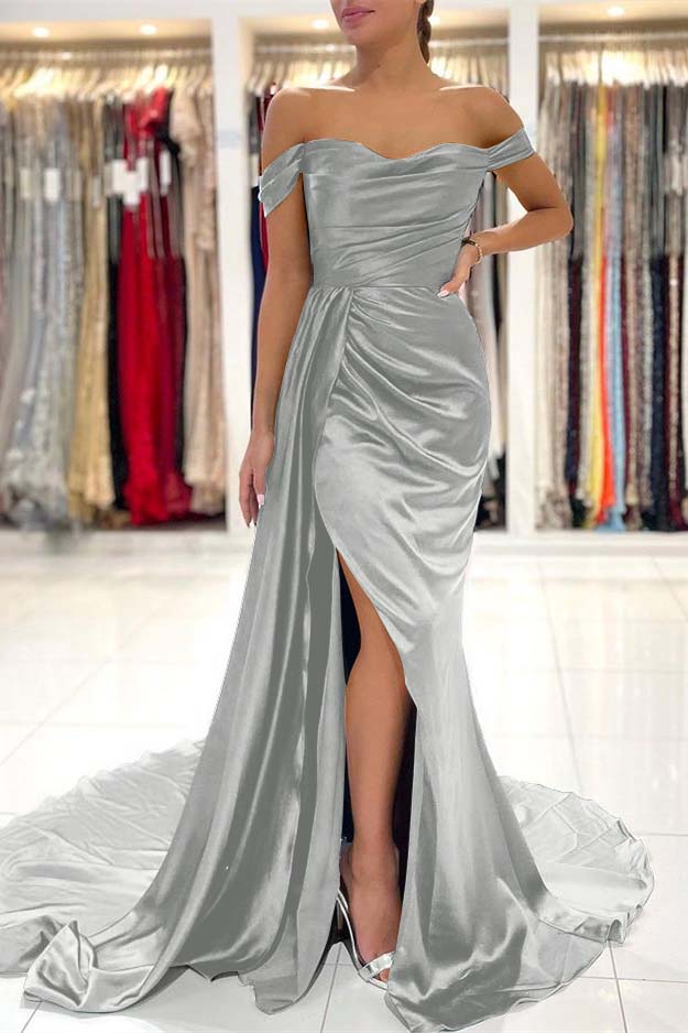 Showprettydess Dark Green Off-the-Shoulder Mermaid Prom Dress with Split & Ruffles-showprettydress