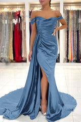 Showprettydess Dark Green Off-the-Shoulder Mermaid Prom Dress with Split & Ruffles-showprettydress