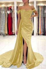 Showprettydess Dark Green Off-the-Shoulder Mermaid Prom Dress with Split & Ruffles-showprettydress