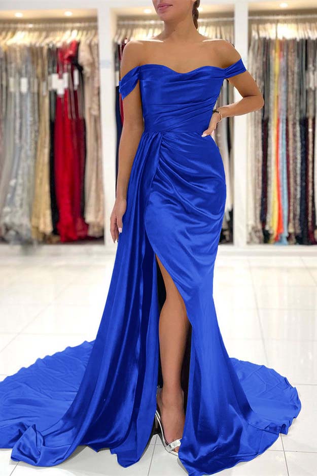 Showprettydess Dark Green Off-the-Shoulder Mermaid Prom Dress with Split & Ruffles-showprettydress