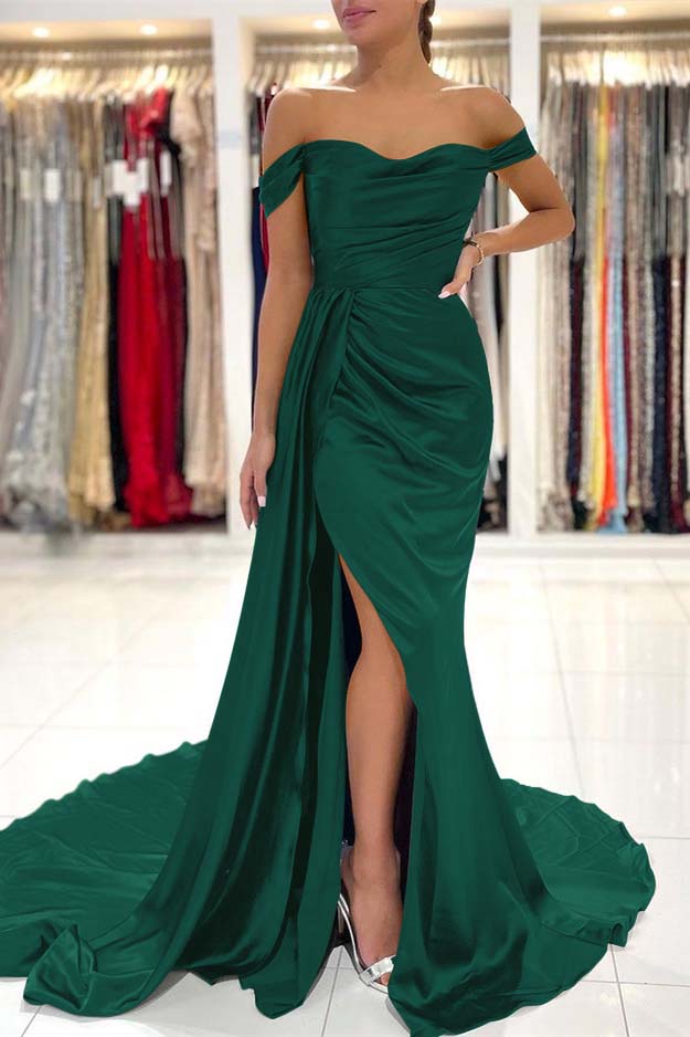 Showprettydess Dark Green Off-the-Shoulder Mermaid Prom Dress with Split & Ruffles-showprettydress