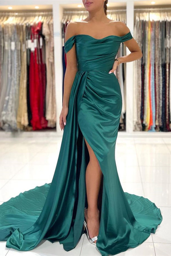 Showprettydess Dark Green Off-the-Shoulder Mermaid Prom Dress with Split & Ruffles-showprettydress