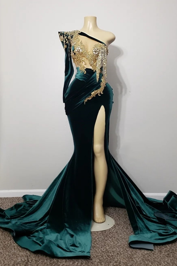 Showprettydess Dark Green One-Shoulder Long Sleeve Mermaid Dress with Beads & Slit-showprettydress