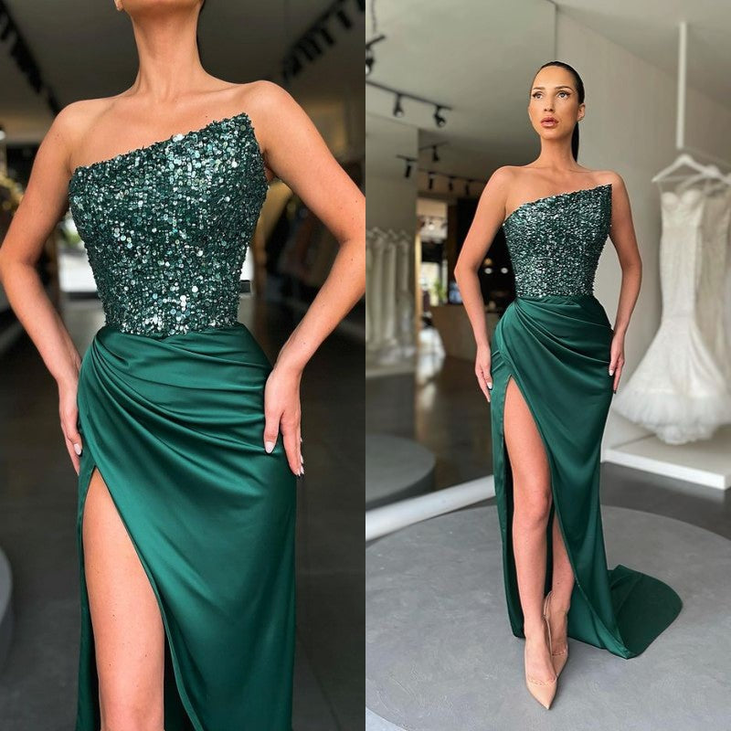 Showprettydess Dark Green Sequined Prom Dress with Split-showprettydress