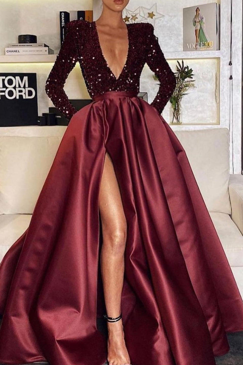 Showprettydess Deep V-Neck Long Sleeves Mermaid Prom Dress with Split & Sequins-showprettydress