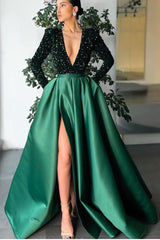 Showprettydess Deep V-Neck Long Sleeves Mermaid Prom Dress with Split & Sequins-showprettydress