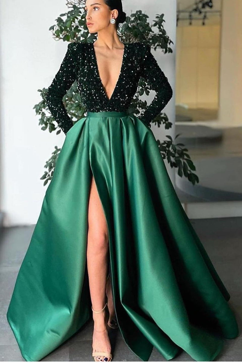 Showprettydess Deep V-Neck Long Sleeves Mermaid Prom Dress with Split & Sequins-showprettydress