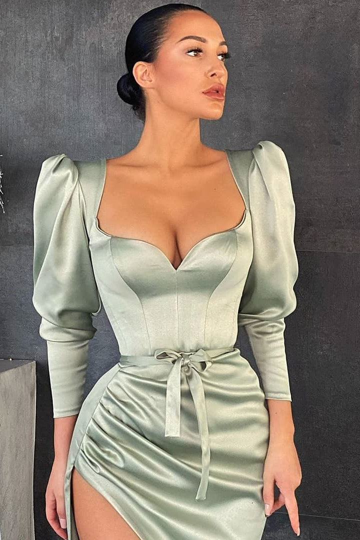 Showprettydess Dusty Sage Long Sleeves Prom Dress with Split-showprettydress