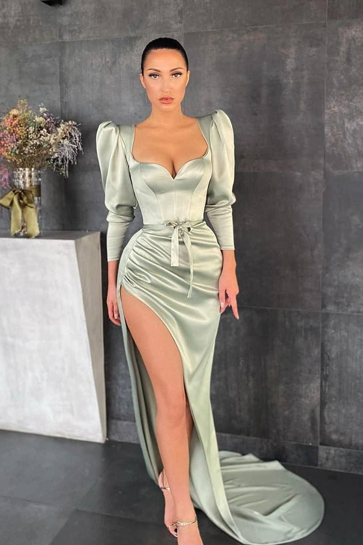 Showprettydess Dusty Sage Long Sleeves Prom Dress with Split-showprettydress