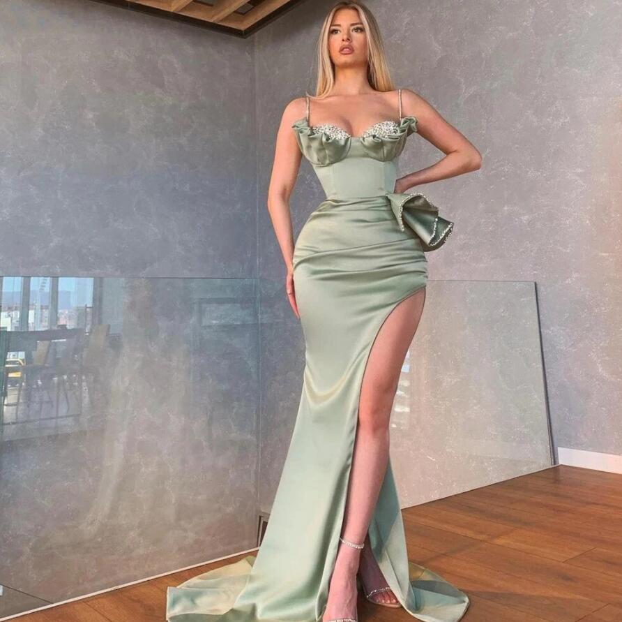 Showprettydess Dusty Sage Spaghetti-Straps Prom Dress with Mermaid Split & Beadings Ruffles-showprettydress