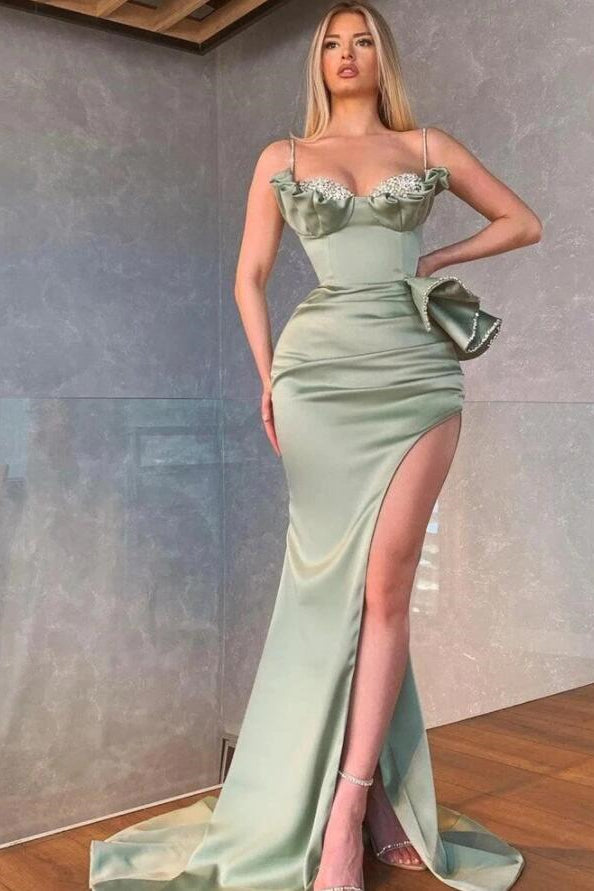 Showprettydess Dusty Sage Spaghetti-Straps Prom Dress with Mermaid Split & Beadings Ruffles-showprettydress