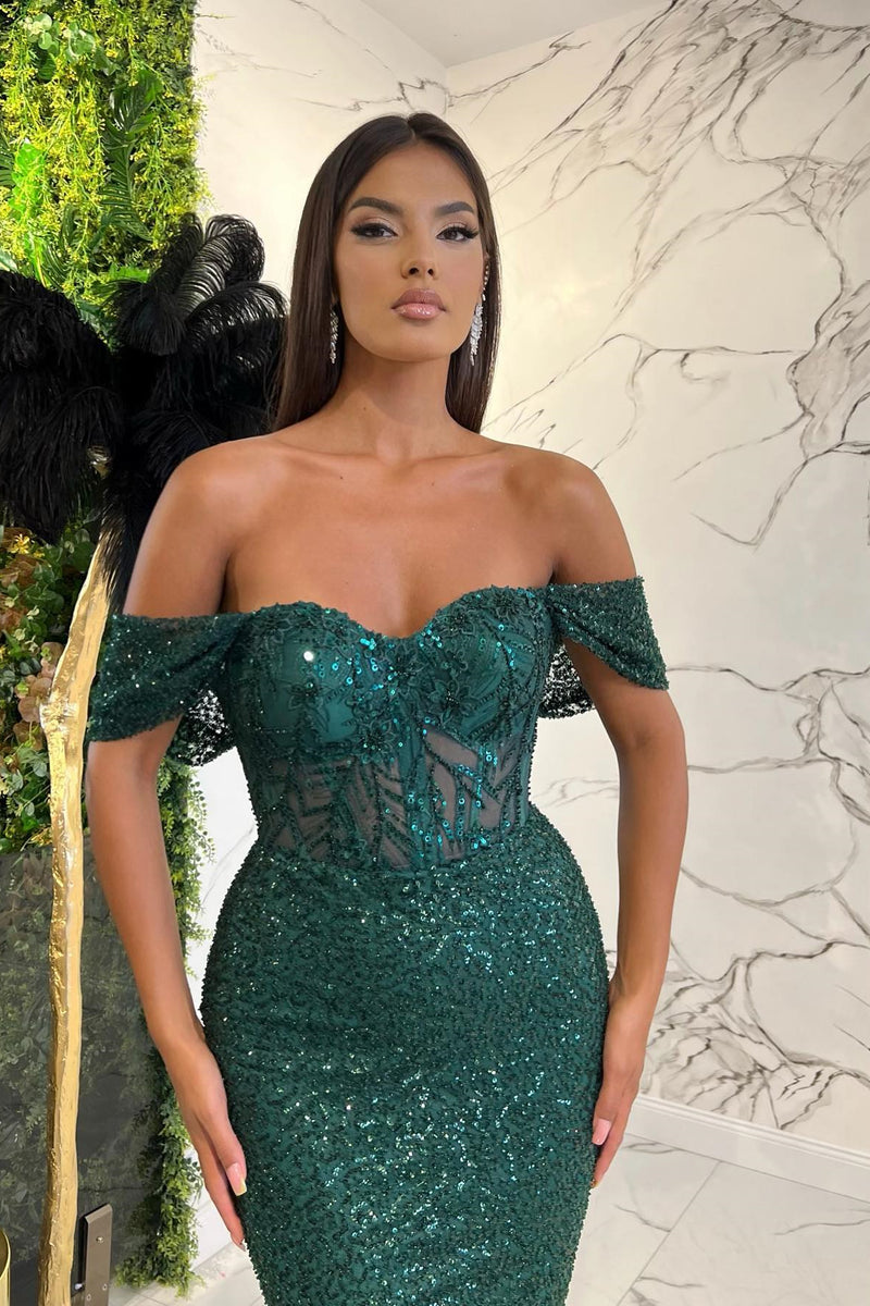 Showprettydess Elegant Dark Green Sweetheart Off-the-Shoulder Prom Dress with Appliqué Sequins-showprettydress