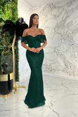 Showprettydess Elegant Dark Green Sweetheart Off-the-Shoulder Prom Dress with Appliqué Sequins-showprettydress