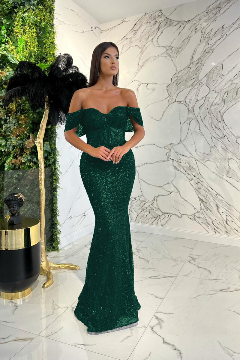 Showprettydess Elegant Dark Green Sweetheart Off-the-Shoulder Prom Dress with Appliqué Sequins-showprettydress