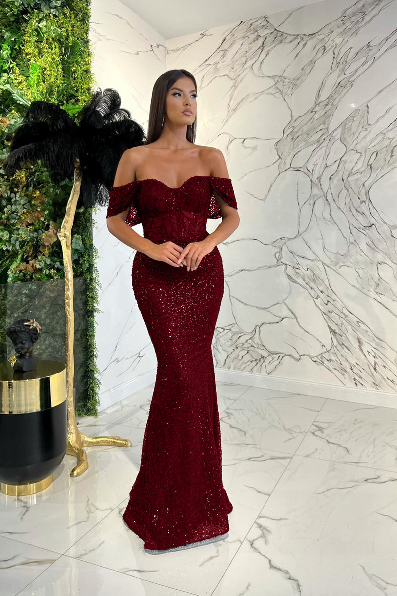 Showprettydess Elegant Dark Green Sweetheart Off-the-Shoulder Prom Dress with Appliqué Sequins-showprettydress