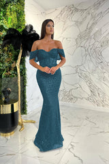 Showprettydess Elegant Dark Green Sweetheart Off-the-Shoulder Prom Dress with Appliqué Sequins-showprettydress