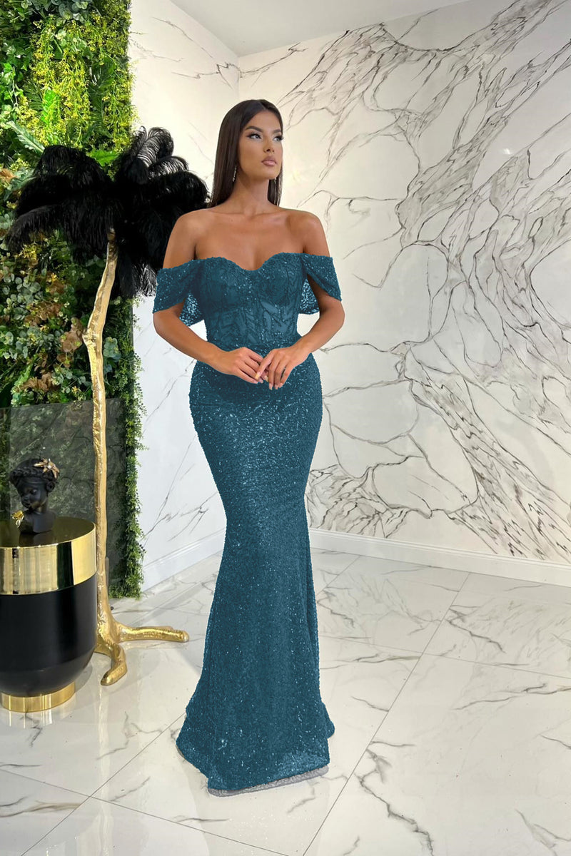 Showprettydess Elegant Dark Green Sweetheart Off-the-Shoulder Prom Dress with Appliqué Sequins-showprettydress