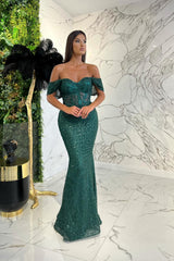 Showprettydess Elegant Dark Green Sweetheart Off-the-Shoulder Prom Dress with Appliqué Sequins-showprettydress