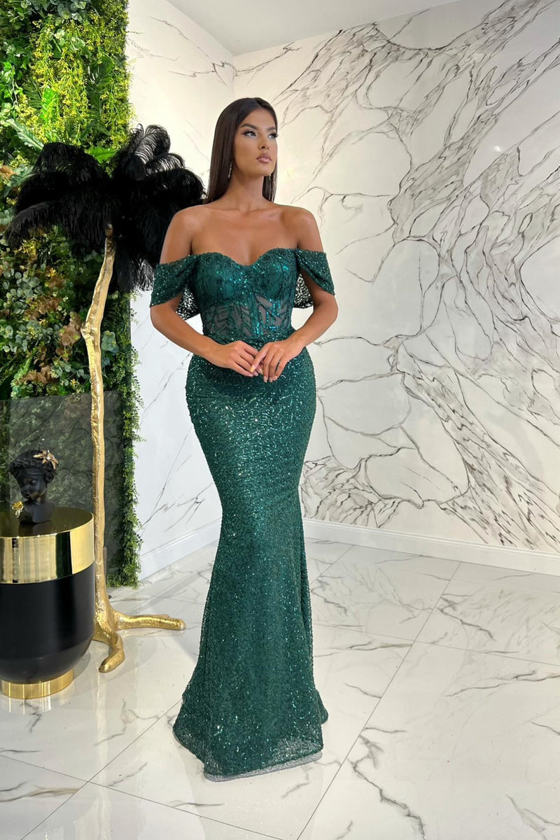 Showprettydess Elegant Dark Green Sweetheart Off-the-Shoulder Prom Dress with Appliqué Sequins-showprettydress
