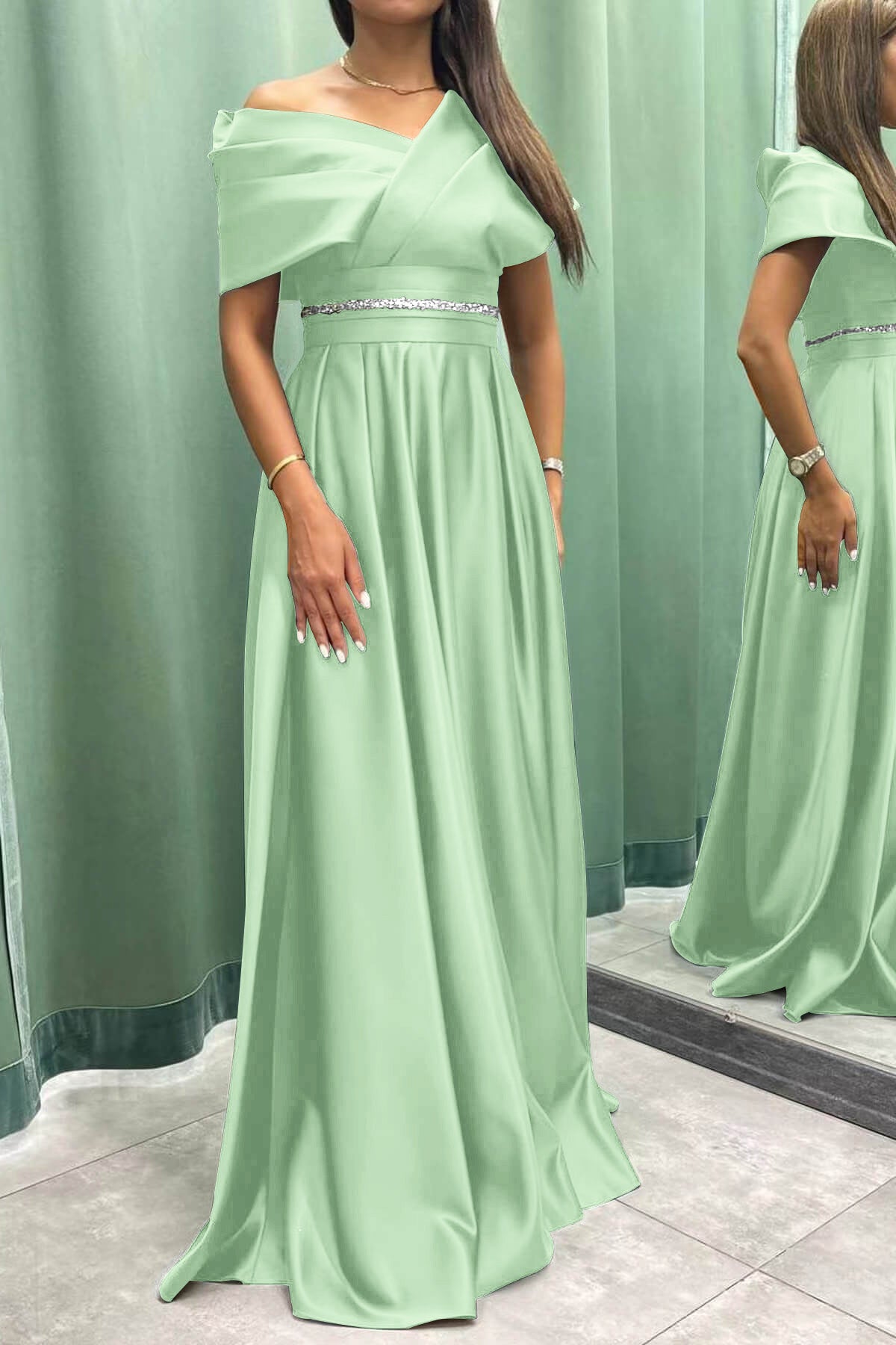 Showprettydess Elegant Long Evening Dress with Pleats Off-the-Shoulder-showprettydress