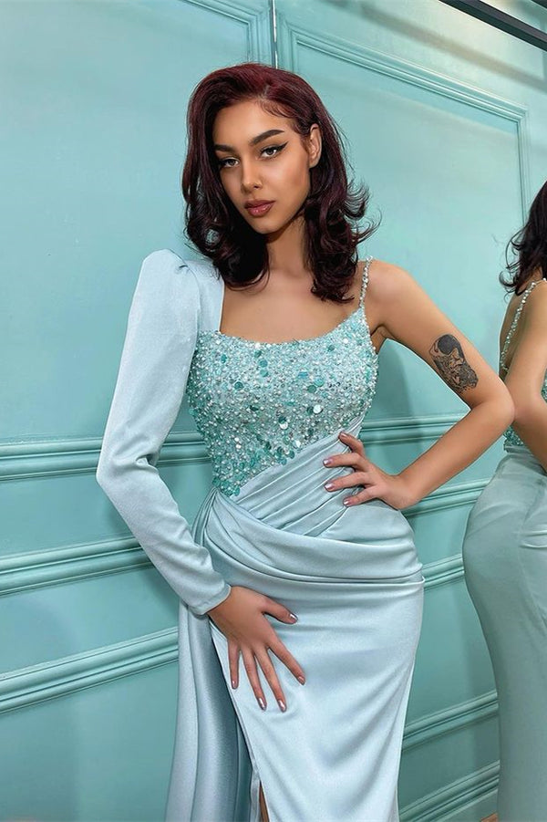 Showprettydess Elegant Long Sleeve Sequined One-Shoulder Mermaid Prom Dress with Split-showprettydress