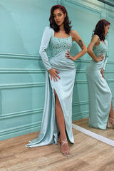 Showprettydess Elegant Long Sleeve Sequined One-Shoulder Mermaid Prom Dress with Split-showprettydress