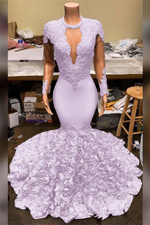 Showprettydess Elegant Mermaid V-Neck Prom Dress with Appliques, Long Sleeves & Flower Bottom-showprettydress
