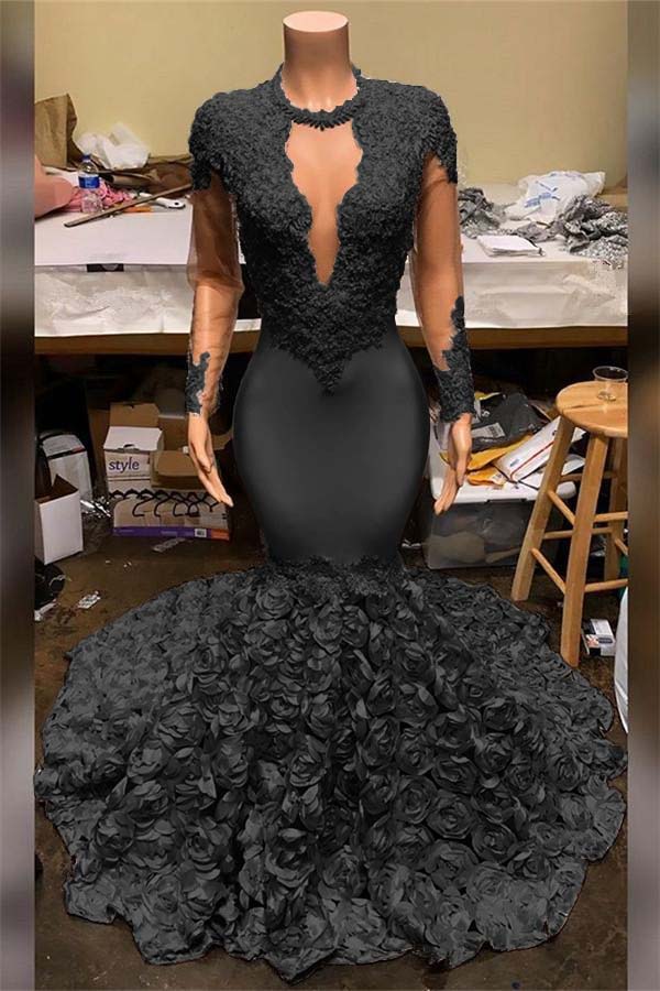 Showprettydess Elegant Mermaid V-Neck Prom Dress with Appliques, Long Sleeves & Flower Bottom-showprettydress
