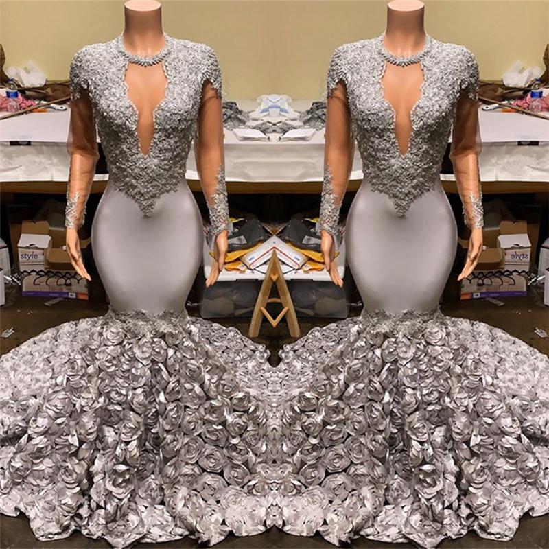 Showprettydess Elegant Mermaid V-Neck Prom Dress with Appliques, Long Sleeves & Flower Bottom-showprettydress