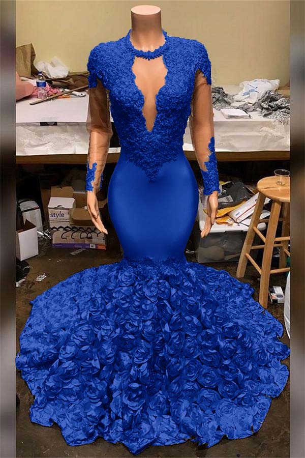 Showprettydess Elegant Mermaid V-Neck Prom Dress with Appliques, Long Sleeves & Flower Bottom-showprettydress