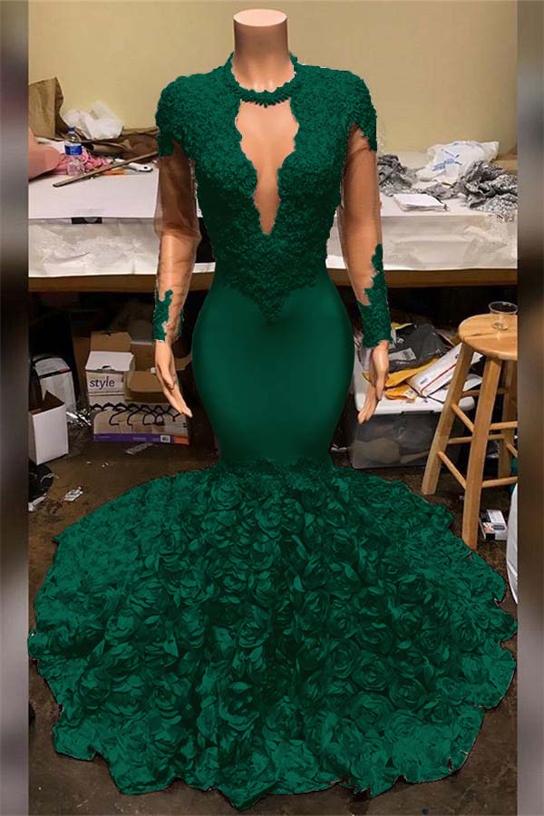 Showprettydess Elegant Mermaid V-Neck Prom Dress with Appliques, Long Sleeves & Flower Bottom-showprettydress