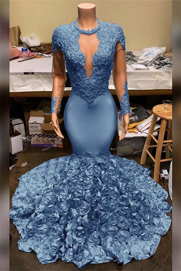 Showprettydess Elegant Mermaid V-Neck Prom Dress with Appliques, Long Sleeves & Flower Bottom-showprettydress