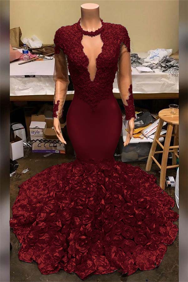 Showprettydess Elegant Mermaid V-Neck Prom Dress with Appliques, Long Sleeves & Flower Bottom-showprettydress