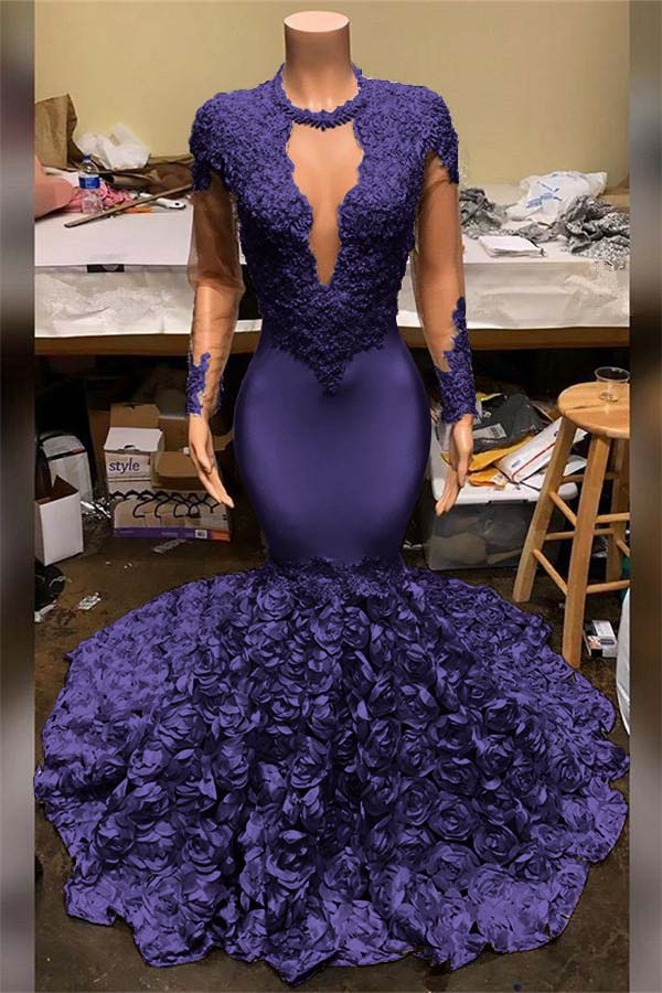 Showprettydess Elegant Mermaid V-Neck Prom Dress with Appliques, Long Sleeves & Flower Bottom-showprettydress