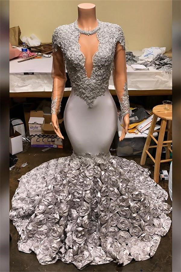 Showprettydess Elegant Mermaid V-Neck Prom Dress with Appliques, Long Sleeves & Flower Bottom-showprettydress