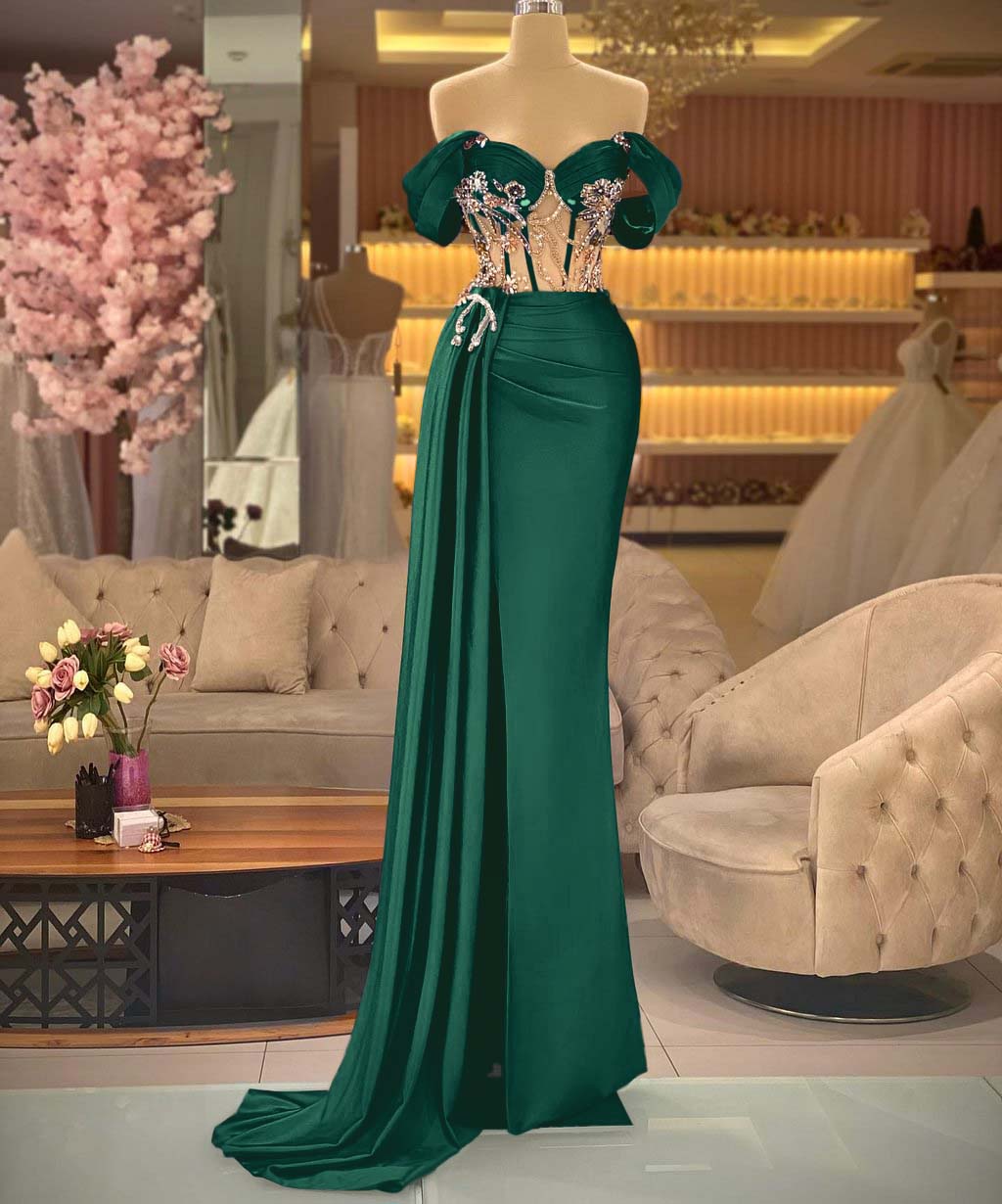 Showprettydess Elegant Off-the-Shoulder Royal Blue Beaded Sleeveless Prom Dress with Split-showprettydress