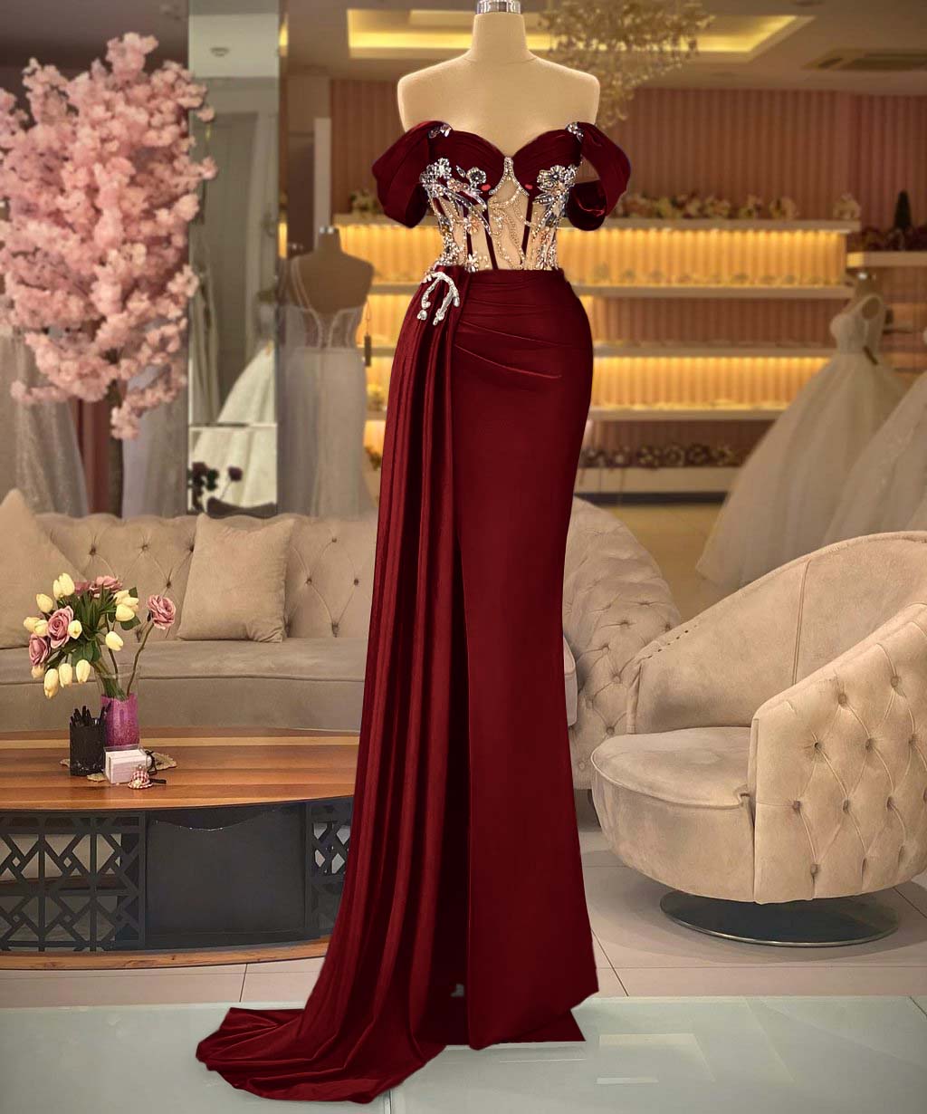 Showprettydess Elegant Off-the-Shoulder Royal Blue Beaded Sleeveless Prom Dress with Split-showprettydress