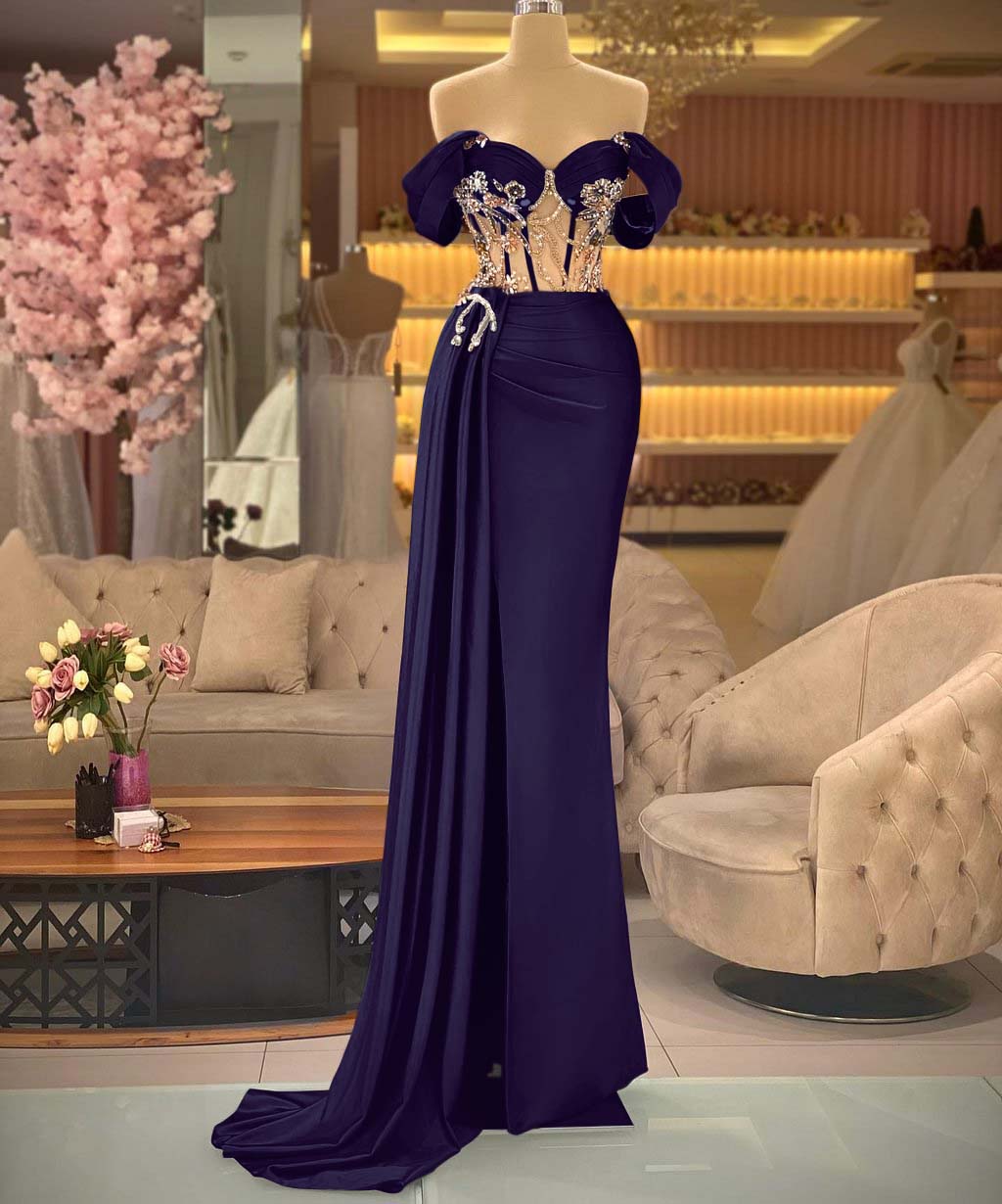 Showprettydess Elegant Off-the-Shoulder Royal Blue Beaded Sleeveless Prom Dress with Split-showprettydress
