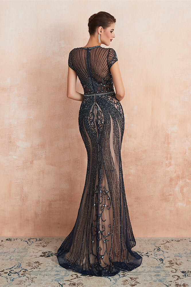 Showprettydess Elegant Short Sleeve Jewel Neck Mermaid Prom Dress with Beadings-showprettydress