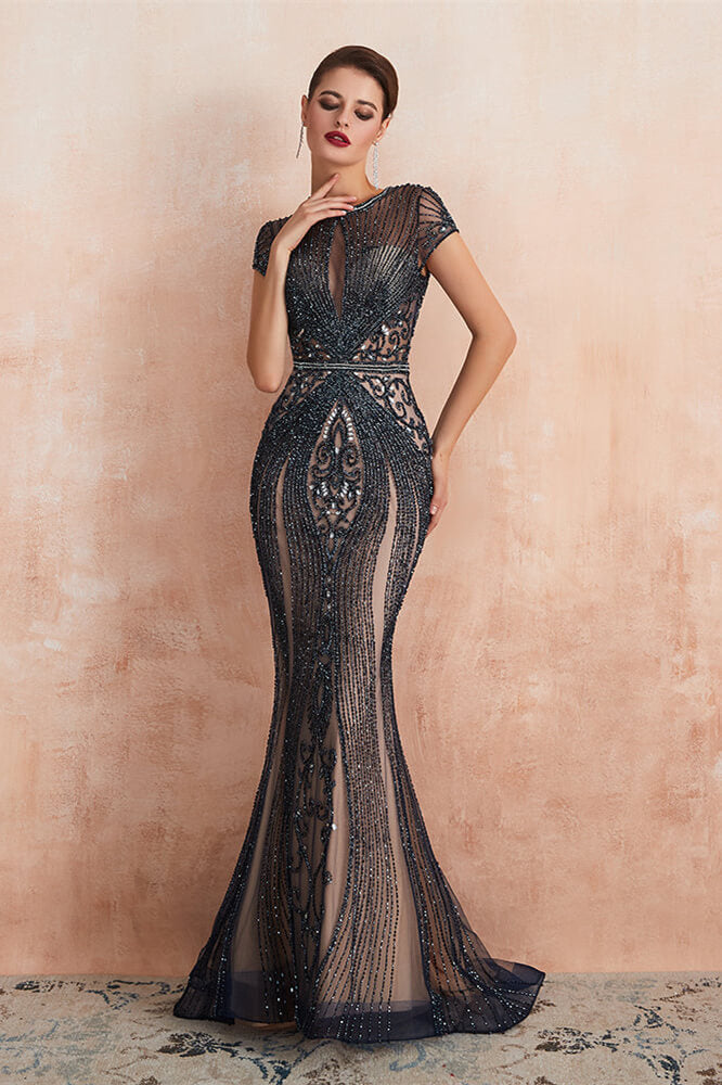 Showprettydess Elegant Short Sleeve Jewel Neck Mermaid Prom Dress with Beadings-showprettydress
