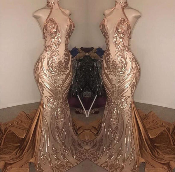 Showprettydess Elegant V-Neck Sequined Halter Mermaid Prom Dress-showprettydress