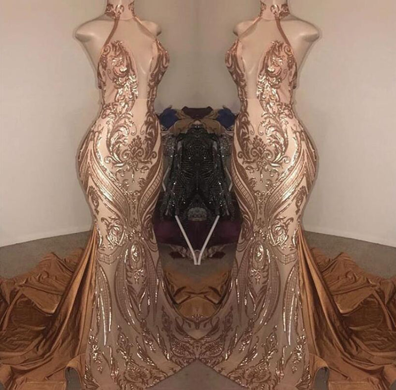 Showprettydess Elegant V-Neck Sequined Halter Mermaid Prom Dress-showprettydress