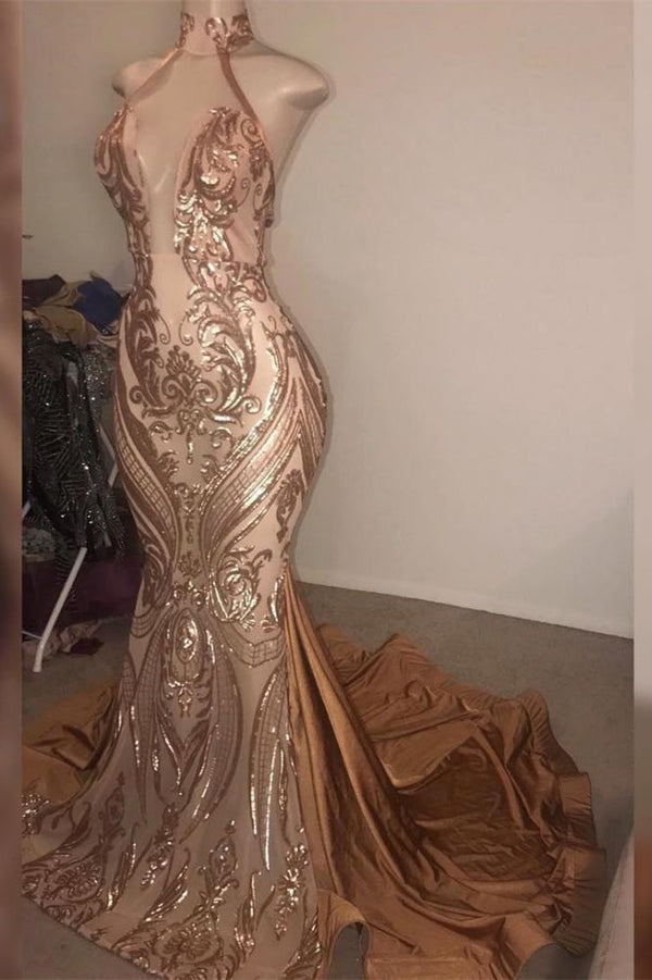 Showprettydess Elegant V-Neck Sequined Halter Mermaid Prom Dress-showprettydress