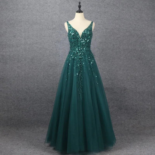 Showprettydess Emerald V-Neck Floor Length Prom Dress A-Line Sleeveless with Appliques-showprettydress