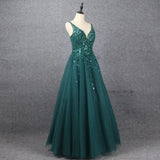 Showprettydess Emerald V-Neck Floor Length Prom Dress A-Line Sleeveless with Appliques-showprettydress