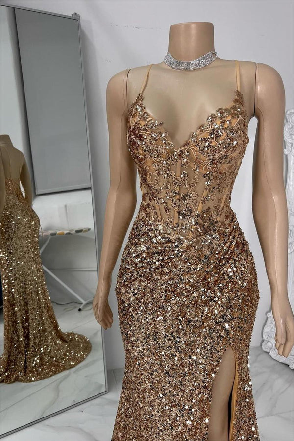 Showprettydess Exquisite Champagne Sequined Spaghetti Strap Sleeveless Prom Dress with Split-showprettydress