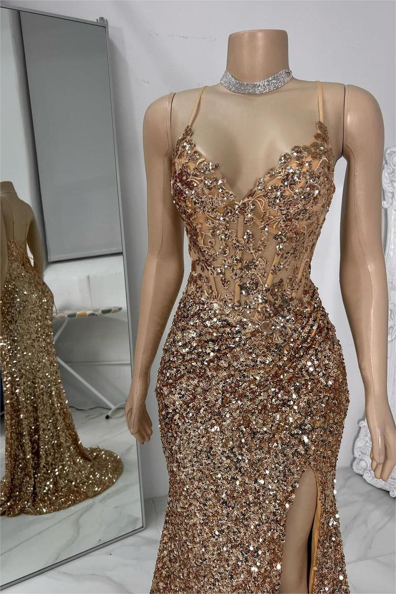 Showprettydess Exquisite Champagne Sequined Spaghetti Strap Sleeveless Prom Dress with Split-showprettydress